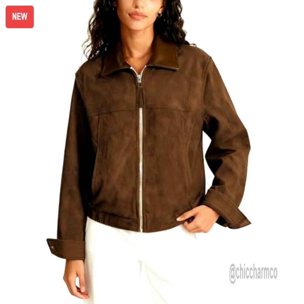 Faux Suede Cropped Jacket with Contrast Collar, Zip Front, Relaxed Fit - Picture 2 of 7